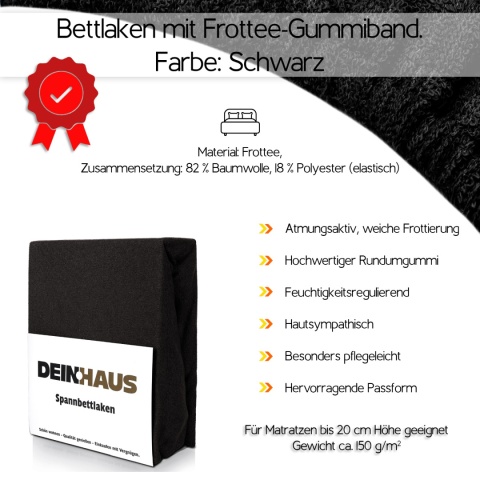 Prześcieradło frotte z gumką Schwarz 100x200 cm